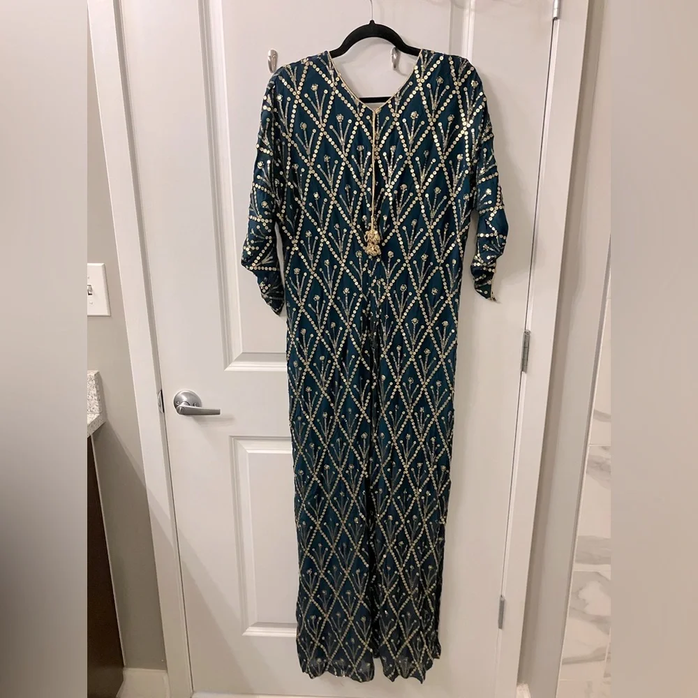 Green and Gold Sequin Embroidered Kaftan Dress - Picture 3 of 3